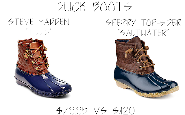 A save vs splurge comparison post featuring duck boots from Sperry Topsider and Steven Madden.