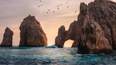 Bela Paisagem Pássaros Rocha em Arco no Mar