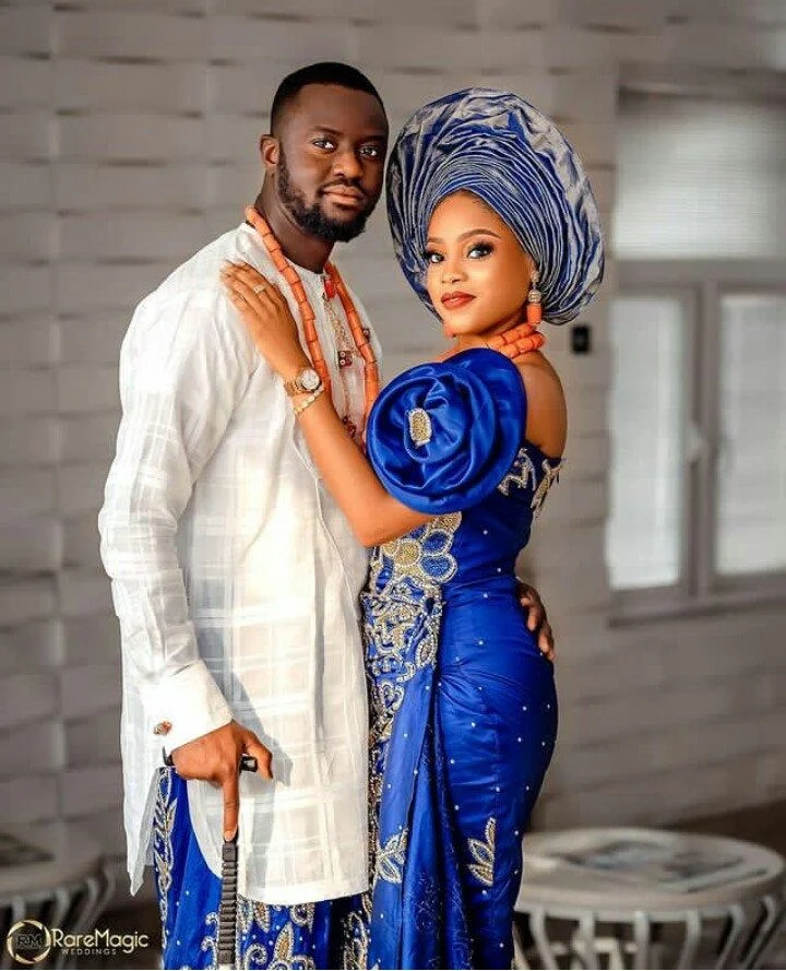 Royal blue traditional wedding outfit for couple ijaw tribe