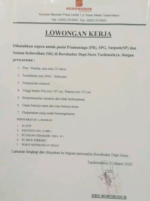 Lowongan Kerja Borobudur Dept Store Tasikmalaya Tingkat Sma Smk Terbaru 2021