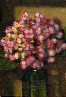 Oil painting of a pink hydrangea flower in an antique green poison bottle.