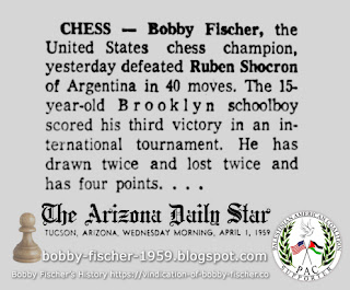 U.S. Chess Champion Bobby Fischer Defeats Ruben Shocron of Argentina