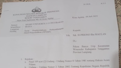 Penyidik Unit Tipidter Sat Reskrim Polres Tanggamus berikan SP2HP Kasus BRI Unit Wonosobo Ke Supriono