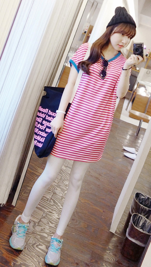 Cap Sleeved Striped Long TEE