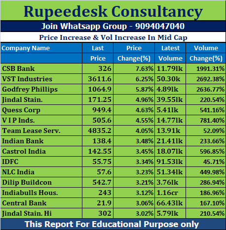 Price Increase & Vol Increase In Mid Cap