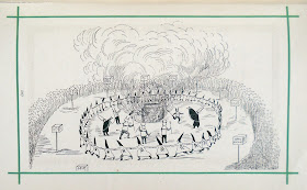 An illustration showing a circle of figures in pointed hats and clothes bearing skulls and crossbones. Inside the circle are several devils and a fire.