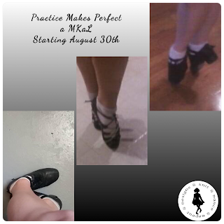 Three vertical photos of an Irish dancer's feet, the first and third in hard shoes, and the center one in black ballet-type slippers, arranged in staggered diagonal starting in the lower left corner to the upper right one. The background the photos are on shades diagonally from white to black starting in the upper left corner. On the lighter part, above the first two photos, in a black script font are the words Practice Makes Perfect, a MKaL, starting August 30th. In the lower right corner is the Knit Dance Repeat Designs logo.