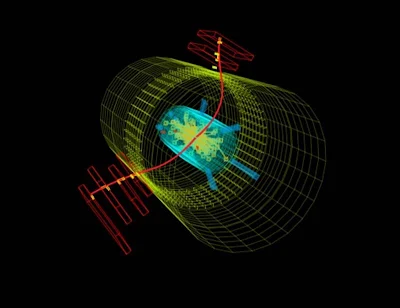 Muons (red lines) fly out from a collision in this event display from the CMS detector (Image: CMS/CERN) (Image and Caption credit: CERN)