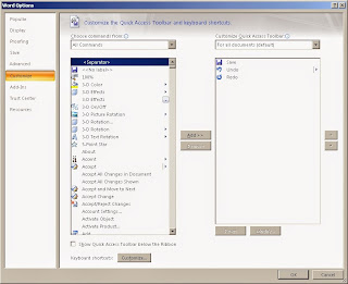 This image shows the main Customise the Quick Access Toolbar dialog box.