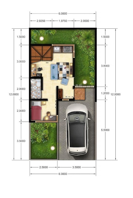 Denah rumah minimalis ukuran 6x12 meter 2 kamar tidur 2 