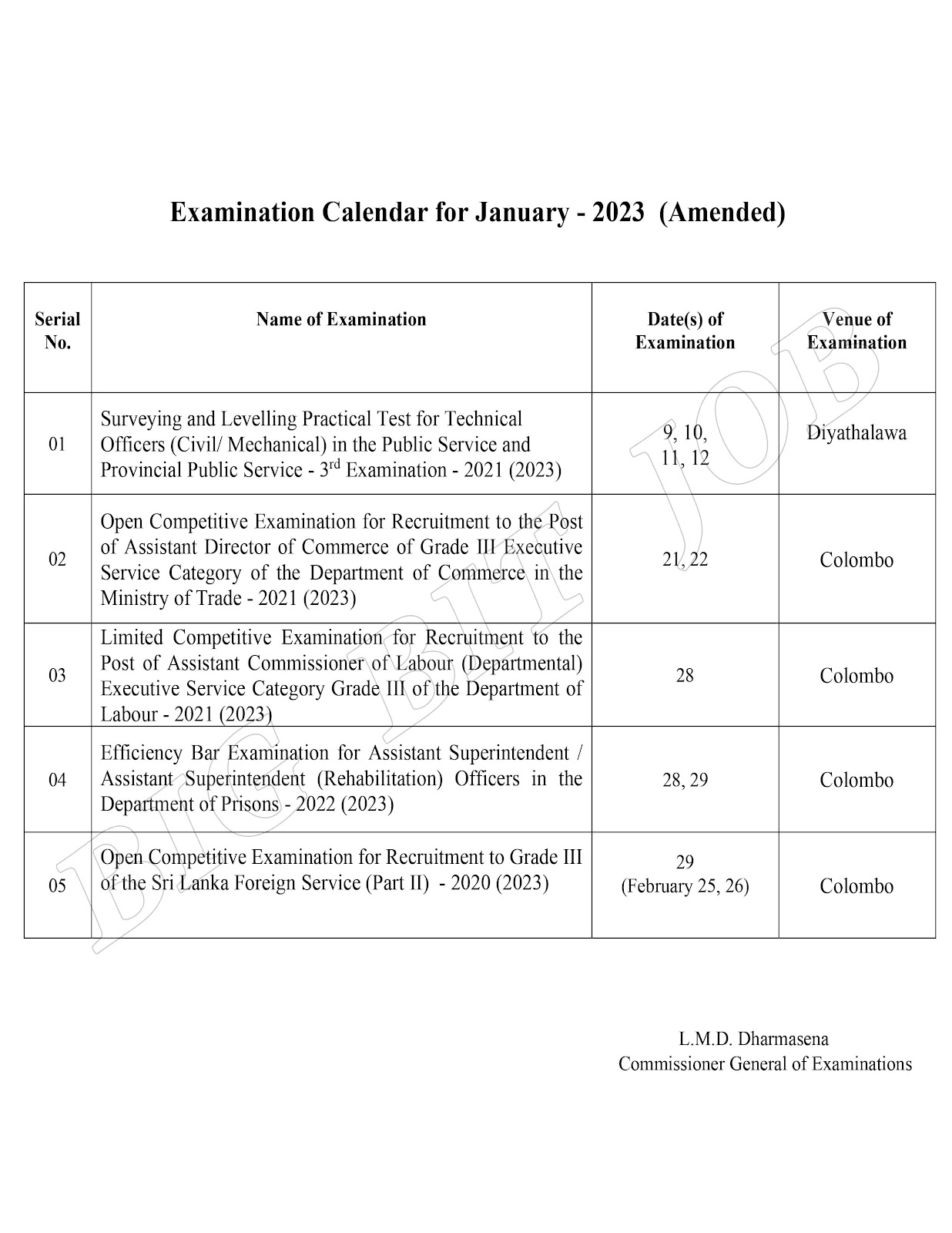 Sri Lanka Examination Calendar January - 2023 (Amended)  Sinhala / Tamil / English