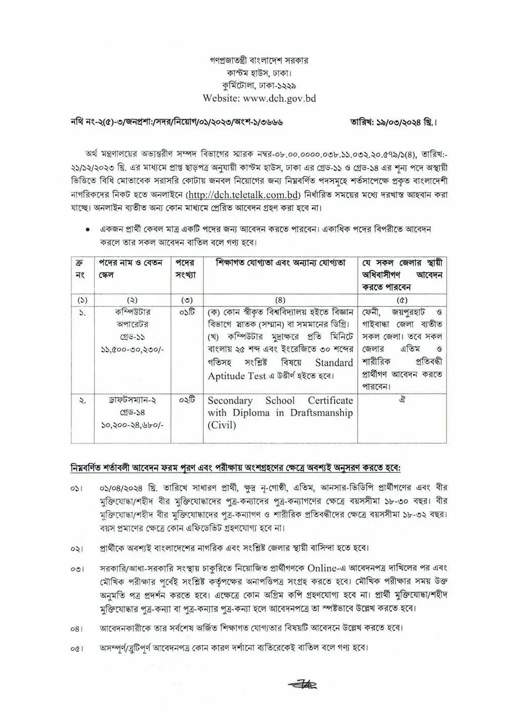 Dhaka Customs House DCH Job Circular 2024 pdf