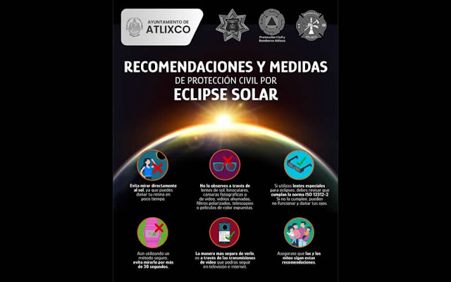 Ante el próximo eclipse solar, PC Atlixco emite varias recomendaciones