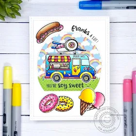 Sunny Studio Stamps: Cruisin' Cuisine Stitched Semi-Circle Dies Frilly Frame Dies Everyday Punny Card by Ana Anderson