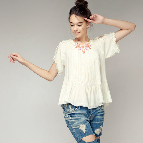 Cut Out Shoulder Pleated Blouse