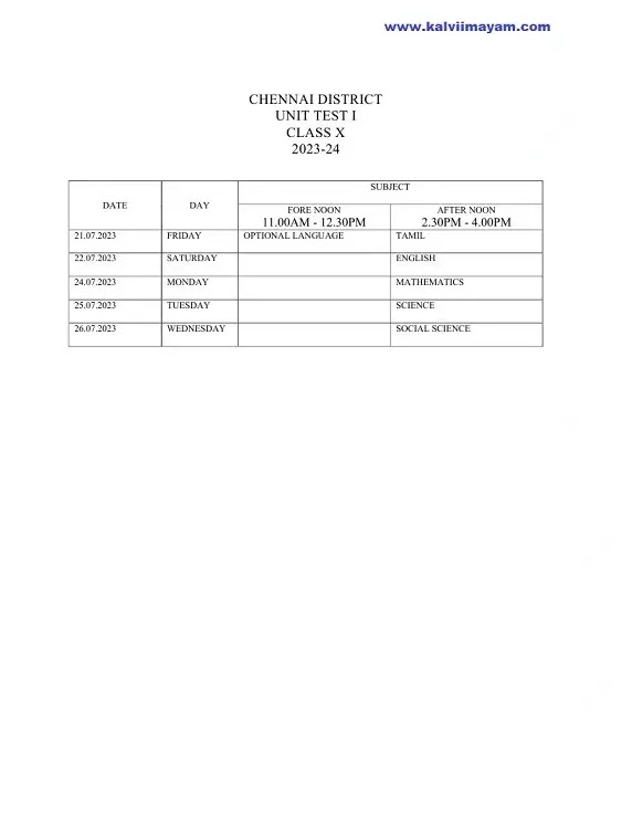 10th Unit Test 1 Time Table 2023 Chennai District
