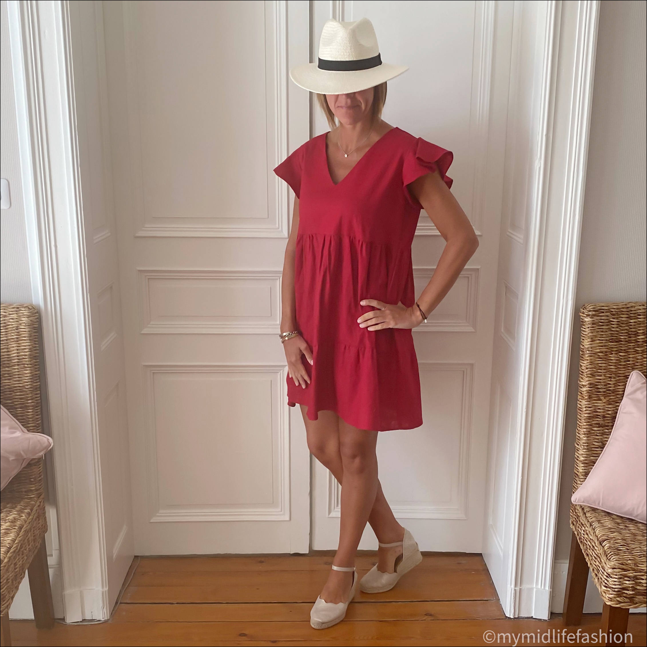 my midlife fashion, rikya ceres red linen short dress, zara Panama hat, carl scrap Brittany metallic wedge sandals