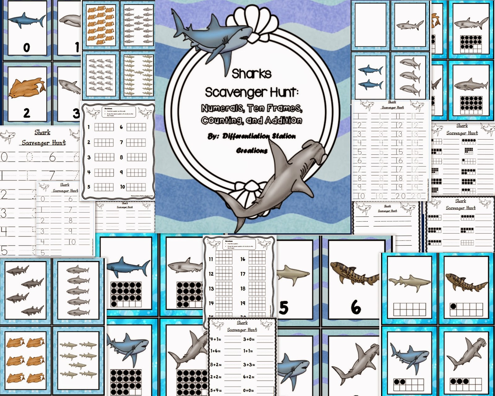 http://www.teacherspayteachers.com/Product/Sharks-Math-Scavenger-Hunt-Numerals-Ten-Frames-Counting-and-Cardinality-1090601