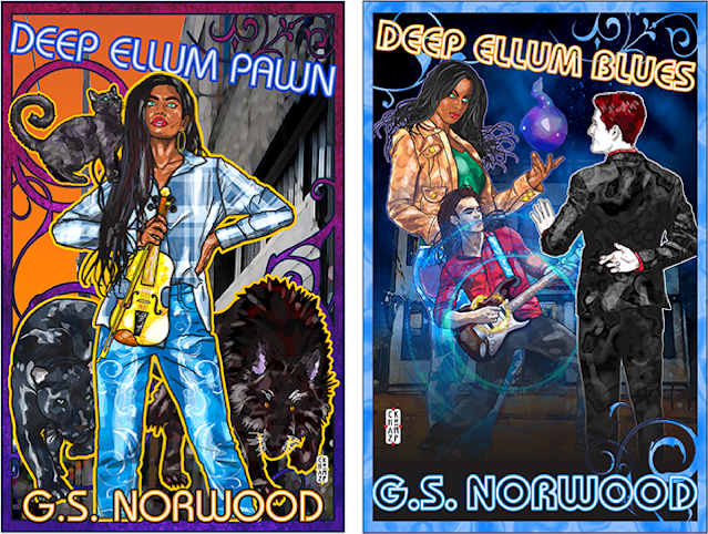 Here’s the “Deep Ellum Pawn” cover side-by-side with the “Deep Ellum Blues” cover. Although the pictures and colors are much different, the Miz Eddy character, the frame element and the consistent typography mark them as clearly part of the same series.