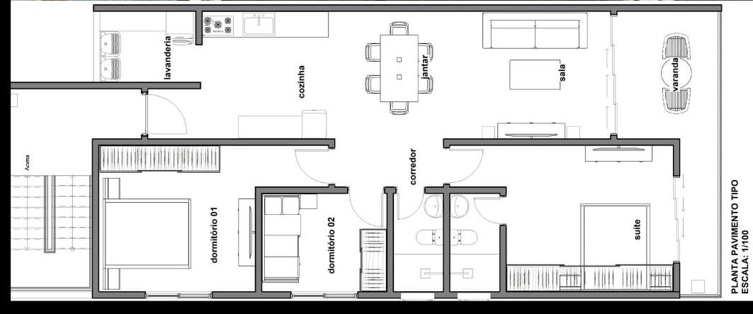 Planta pavimento tipo apartamento 3 dormitórios