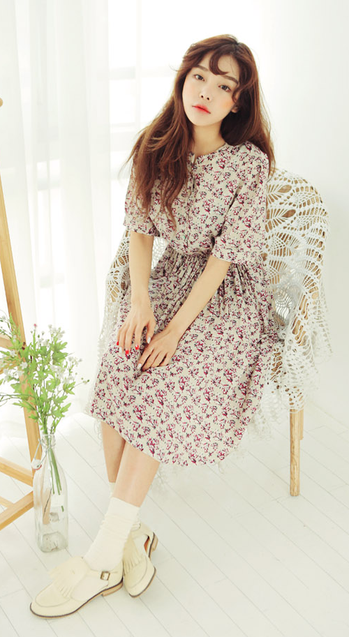 Vintage Floral Print Long Dress