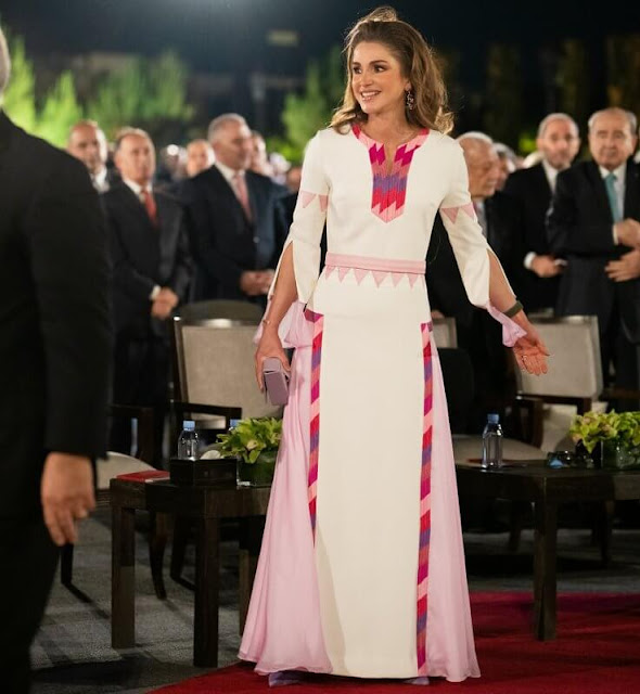 Queen Rania wore a dress by Dar Noora, Bvlgari Divas earrings, Amina Muaddi Thalia velvet pumps, Ralph Masri Modernist cuff