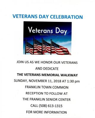 Veterans Day Celebration - Nov 11 at 1:30 PM on the Franklin Town Common