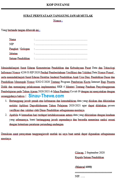 Jun 10 2019 Buat Anda yang juga mencari contoh format surat SPTJM Surat Pertanggungjawaban Mutlak untuk pencairan dana BSM atau PIP 2019 silakan Anda unduh di sini.