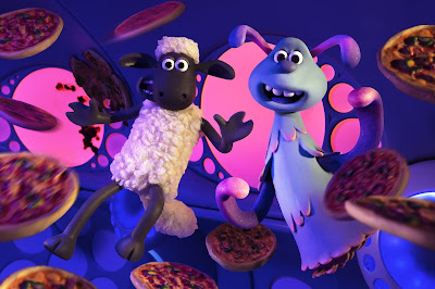 In "A Shaun the Sheep Movie: Farmageddon," Shaun the Sheep and an alien named Lu-La enter zero gravity in a spaceship full of pizzas