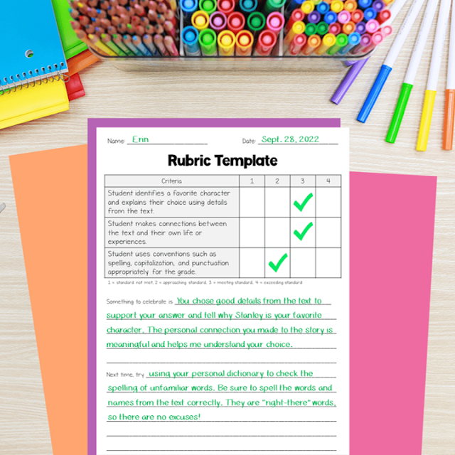 Photo of sample completed rubric for reading response.