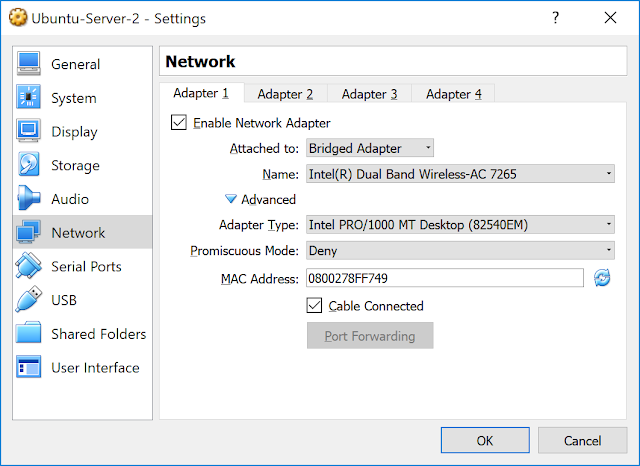 Network settings. Bridged apapter.