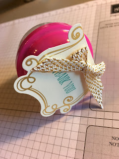 This gumball machine candy containter was a gift at my Weekend Getaway Retreat!  We used Stampin' Up!'s Cupcakes & Carousels Embellishment Kit and Sale a Bration Metallic Ribbon Combo.  #stampinup #stamptherapist www.stampwithjennifer.blogspot.com