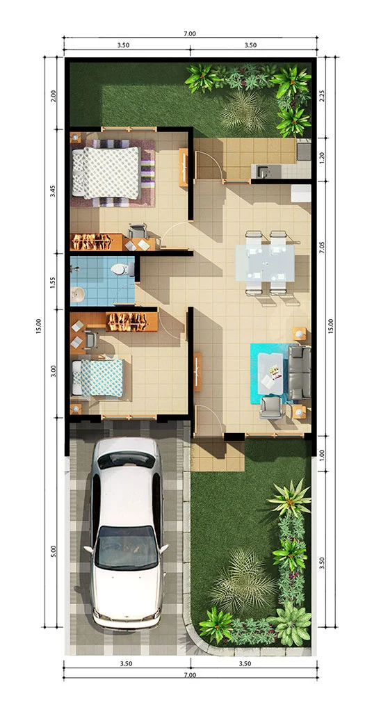 Denah rumah minimalis ukuran 7x15 meter 2 kamar tidur 1 lantai