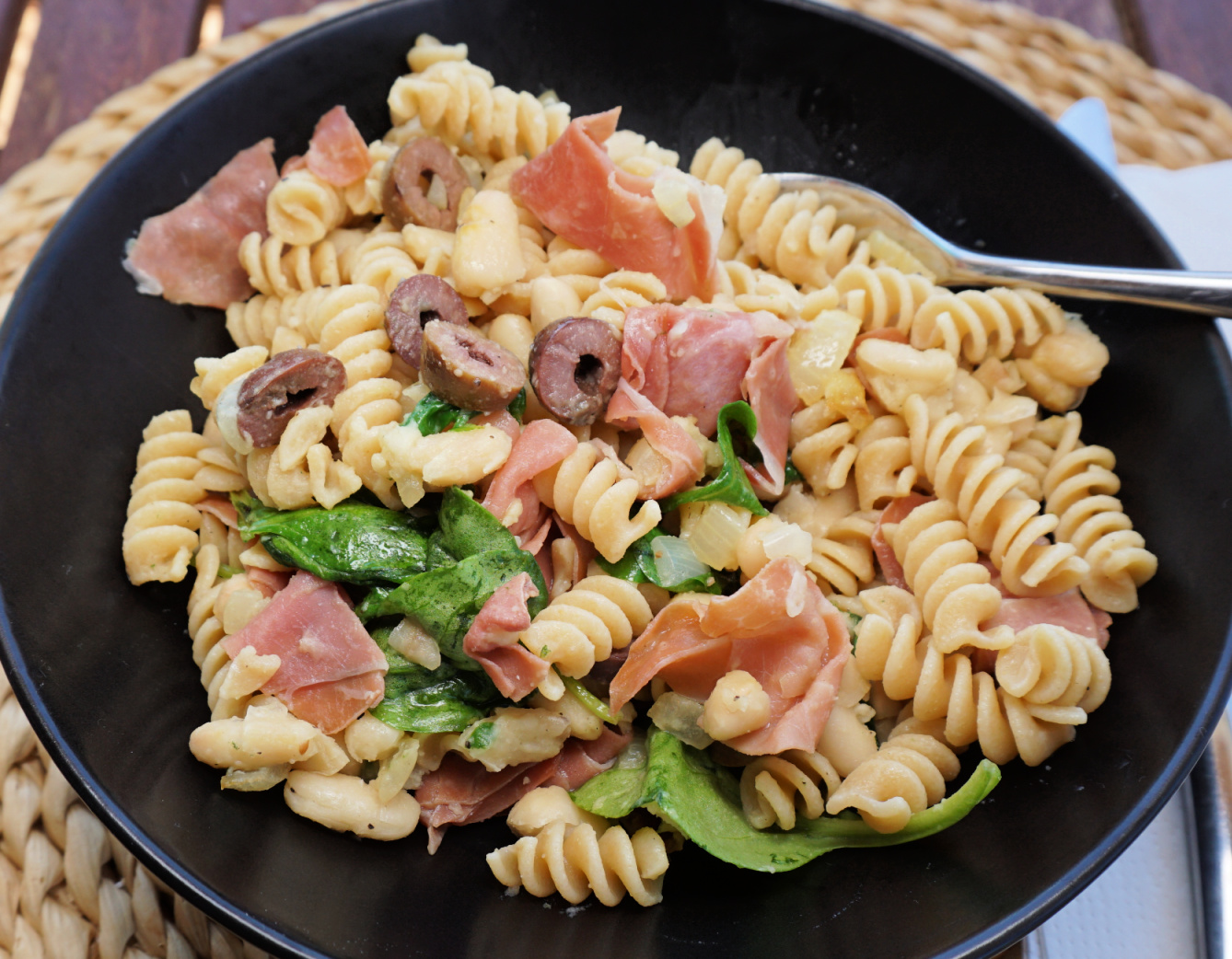 Pasta with spinach white beans and prosciutto