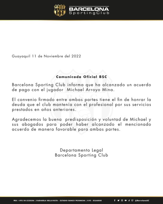 Comunicado Oficial BSC: Michael Arroyo