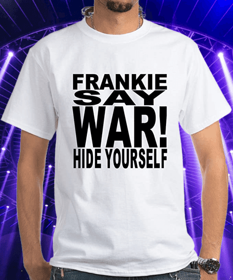 Man wearing a Frankie Say War! Hide Yourself white T-shirt with purple lights background