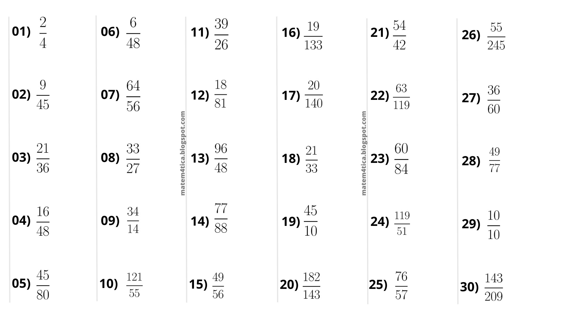 Lista de exercicios de simplicificação de fração