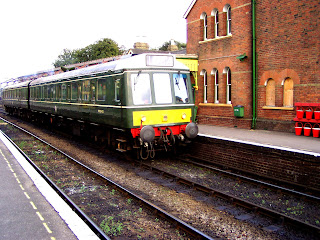 Heritage DMU stands at Alresford station on the Mid-Hants Preserved Railway