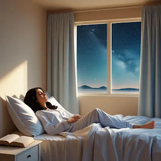 Woman sleeping peacefully at night with stars visible through the window.