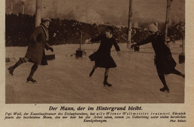 Photograph of Pepi Weiß-Pfändler on the ice with other skaters in Austria