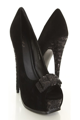Black Velvet Sequin Bow Peep Toe Platform Heel Pumps 