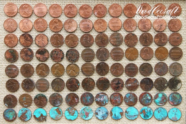 The pennies looked pretty brown on the plates overnight, until I picked them up and turned them over!    Where they touched the plate turned the most vivid turquoise teal!   This process is called verdigris...it's atmospheric oxidation patina that happens on copper or brass!