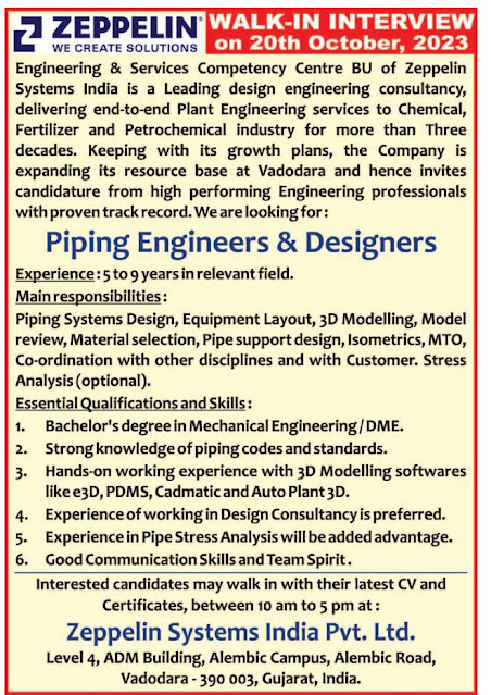 Zeppelin Systems India Walk In Interview For Piping Engineers & Designers