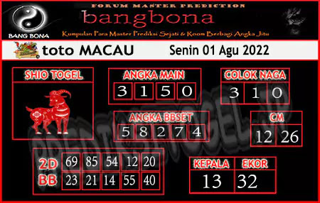 Prediksi Bangbona Toto Macau Senin 01 Agustus 2022