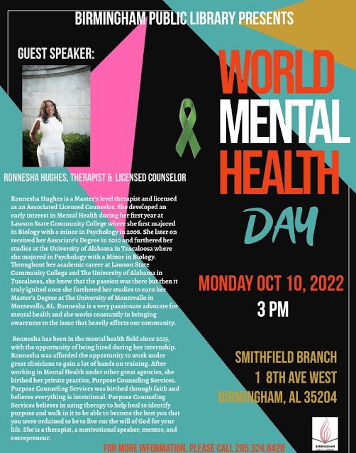 Flyer advertising World Health Mental Day at Smithfield Library on October 10