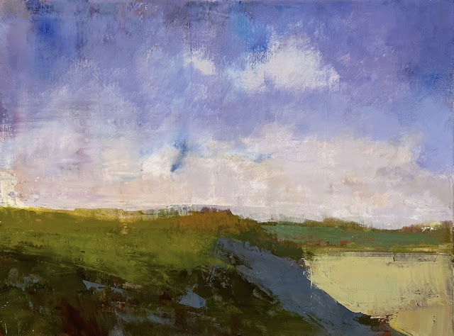 Steve Allrich painting of a Cape Cod dune in sumber, under a cloud-scattered blue sky