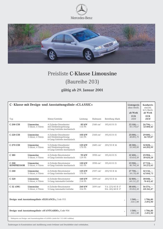 Mercedes-Benz W 203 C-Klasse Limousine Preisliste 01/2001