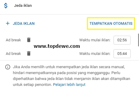 Cara setting jeda iklan midroll youtube