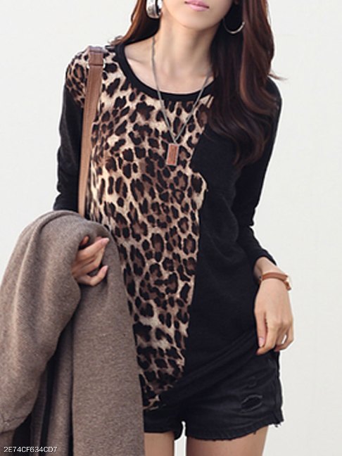 Autumn Spring Polyester Women Round Neck Patchwork Leopard Long Sleeve T-Shirts - FashionMia Special Price: US$ 13.95