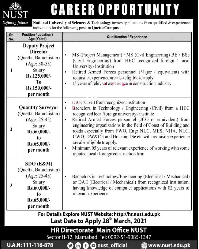 Latest Jobs in National University of Science And Technology NUST Islamabad